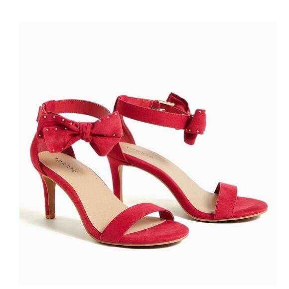 Torrid 8W Wide Width Red Faux Suede Open Toe Ankle Strap 3" Stiletto Heel Pumps - Picture 2 of 4